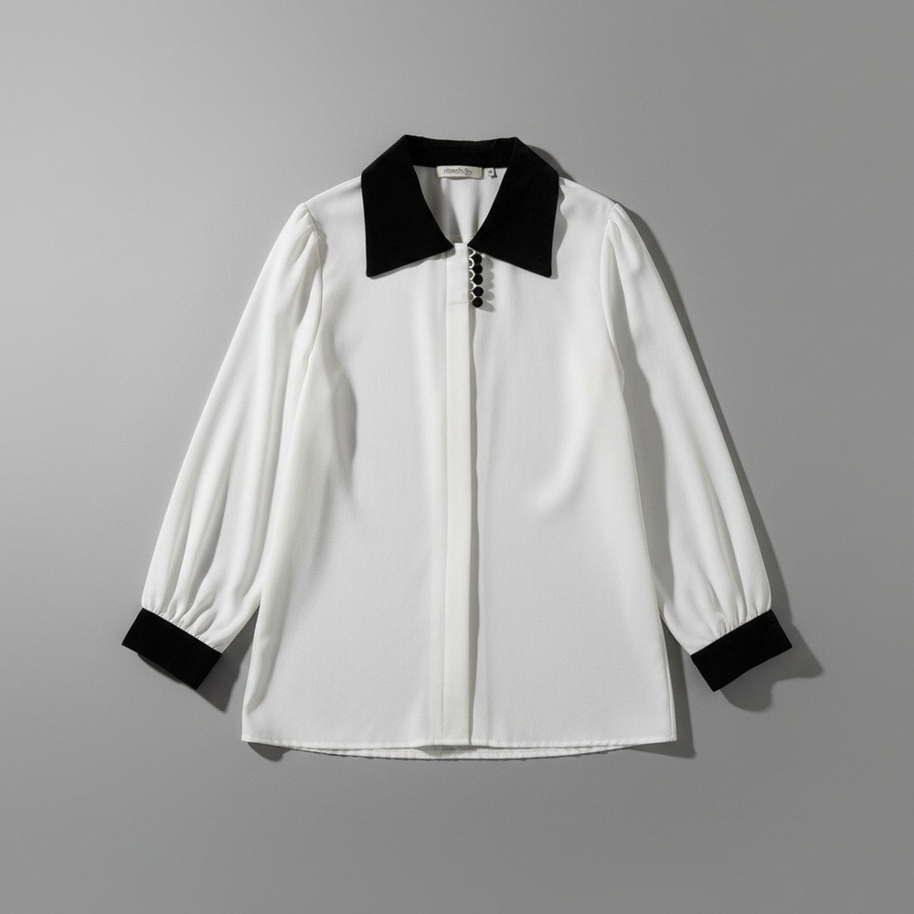 TESS Vintage White Blouse,‎ Black Velvet Collar, Button Front, Women's Small